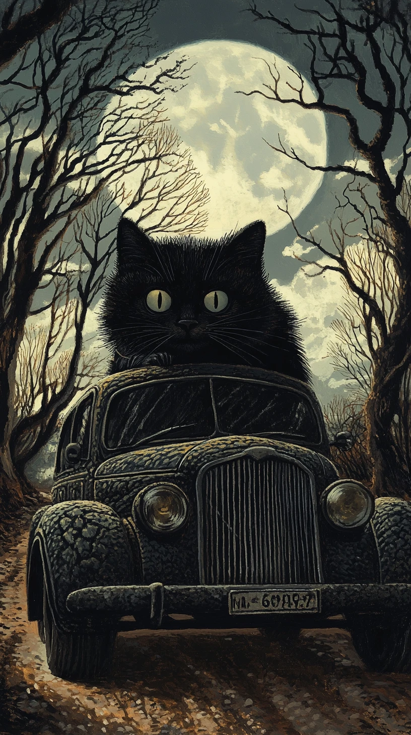 Chat noir duveteux conduisant un SUV à travers une forêt gothique