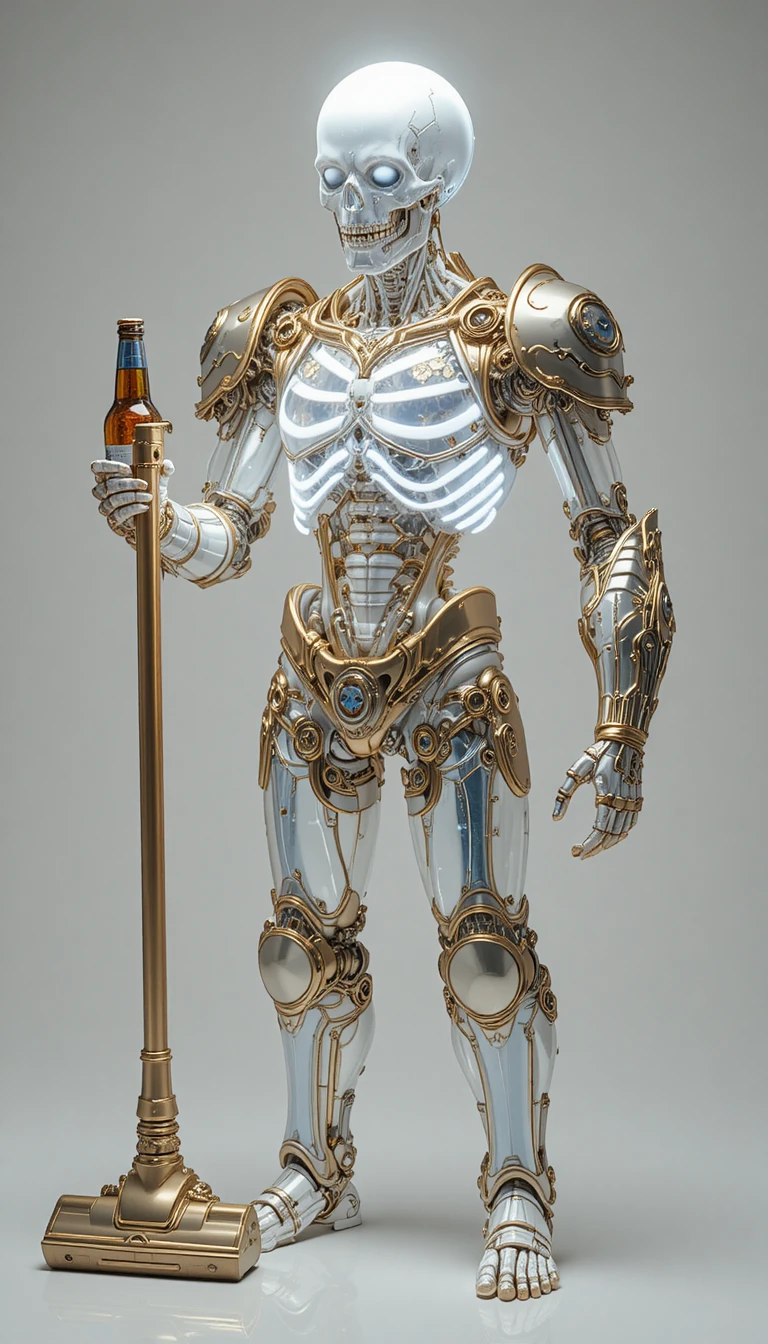 Figura esquelética brilhante segurando aspirador de pó e garrafa de cerveja