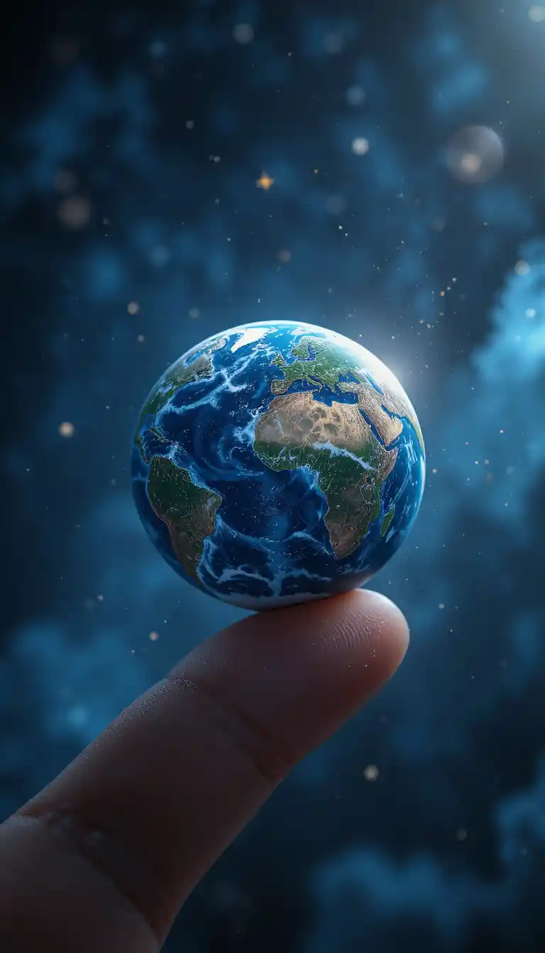 Minúsculo planeta realista equilibrado na ponta de um dedo humano