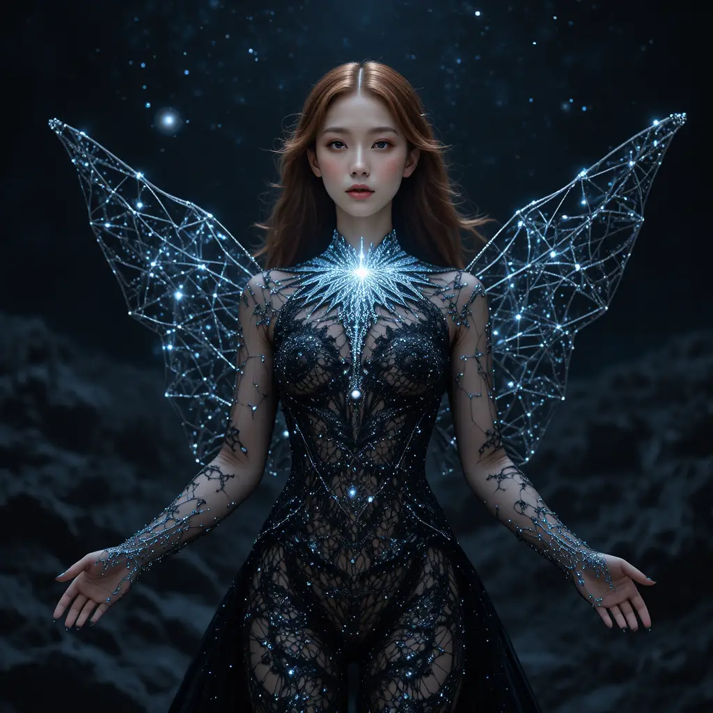 Serene cosmic woman in a dark star lace gown