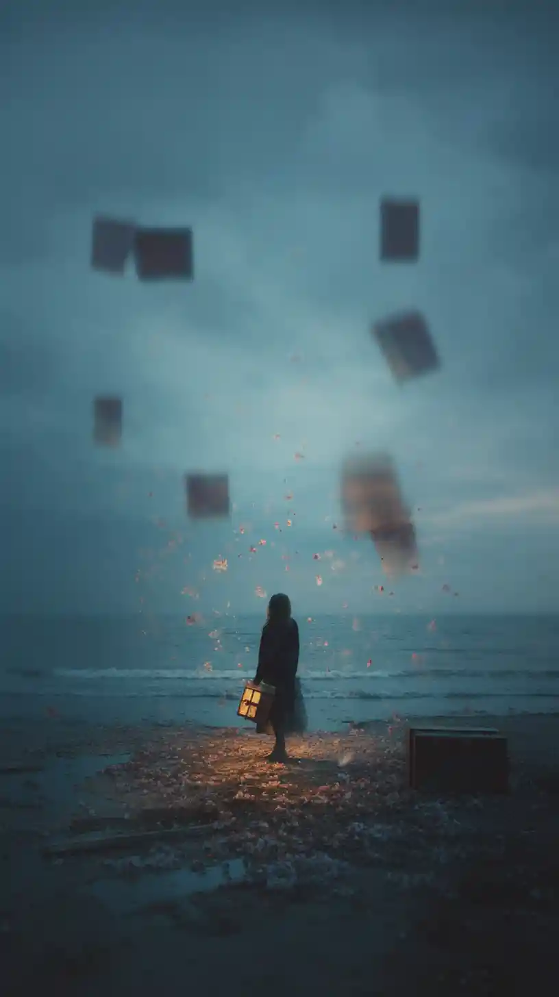 Figura com rolo de filme brilhante na praia ventosa ao entardecer