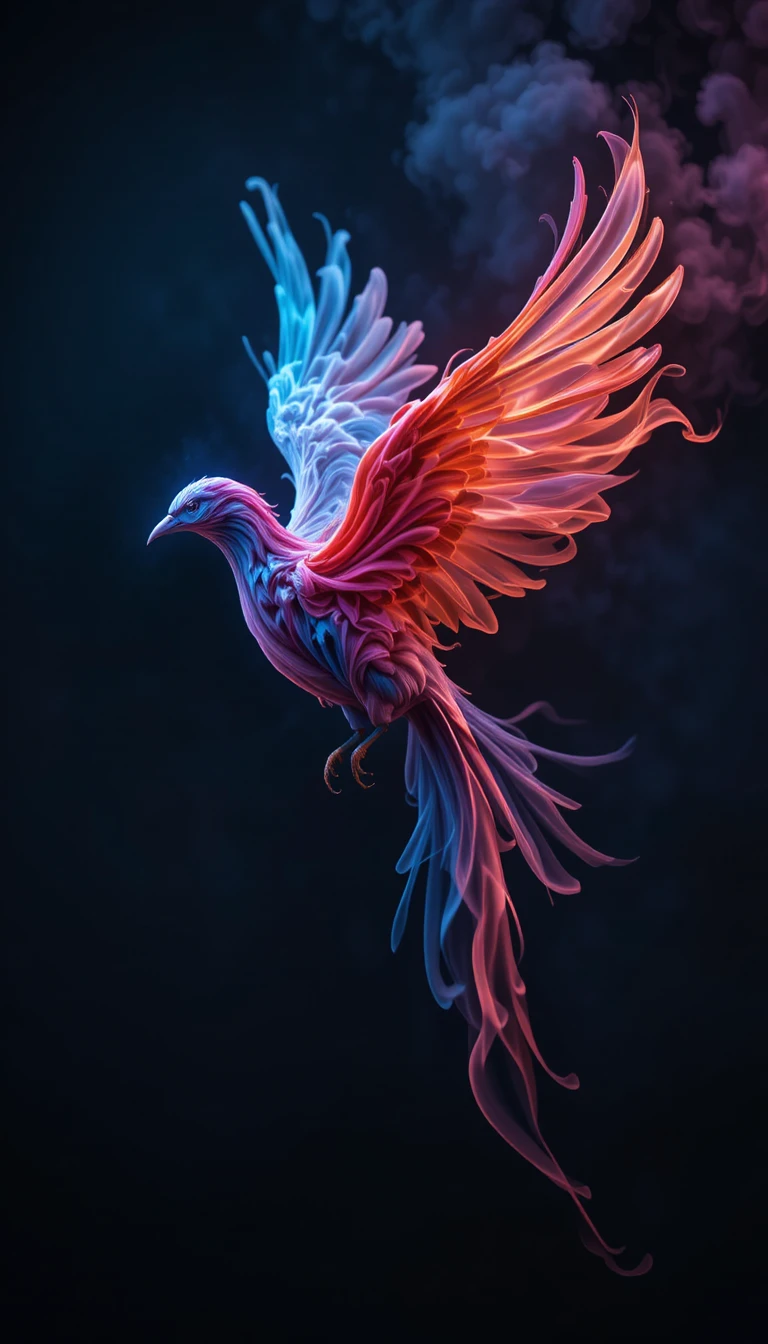 Pássaro de fumaça colorida voando em um fundo abstrato escuro