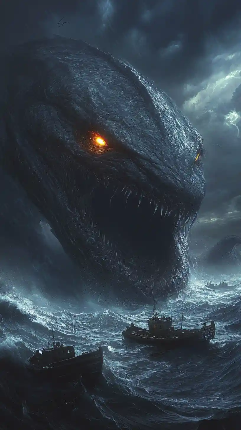 Stormy midnight ocean with hidden ancient sea monster