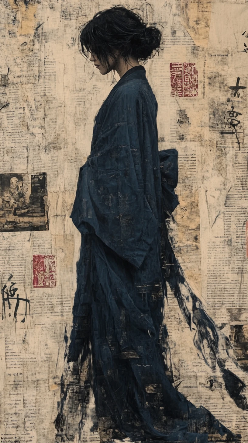 Profilporträt in blauer Robe vor Vintage-Collage-Hintergrund