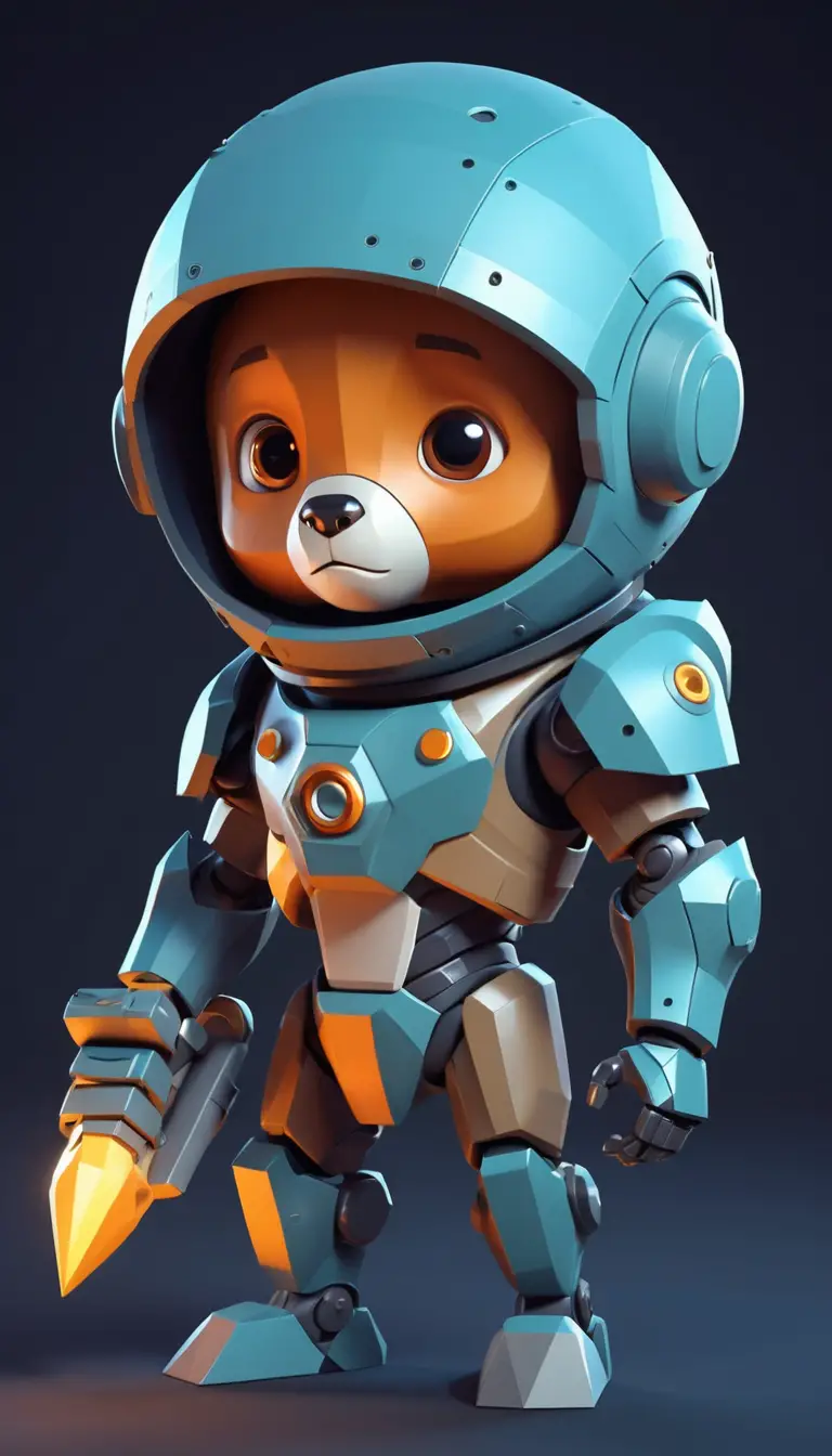 Ragazzo guerriero spaziale con tenero orso robotico nel caos