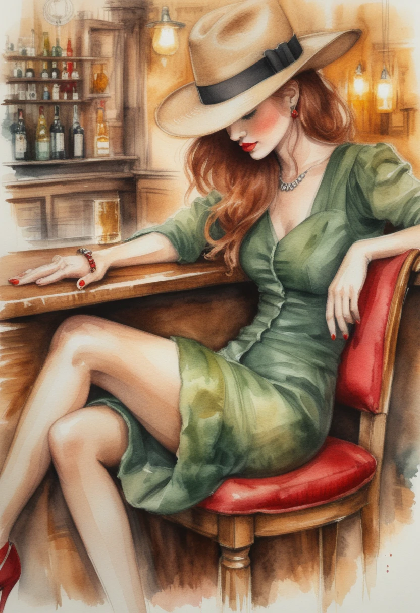 Junge Frau mit rotem Hut sitzt nachdenklich an einer Vintage‑Bar