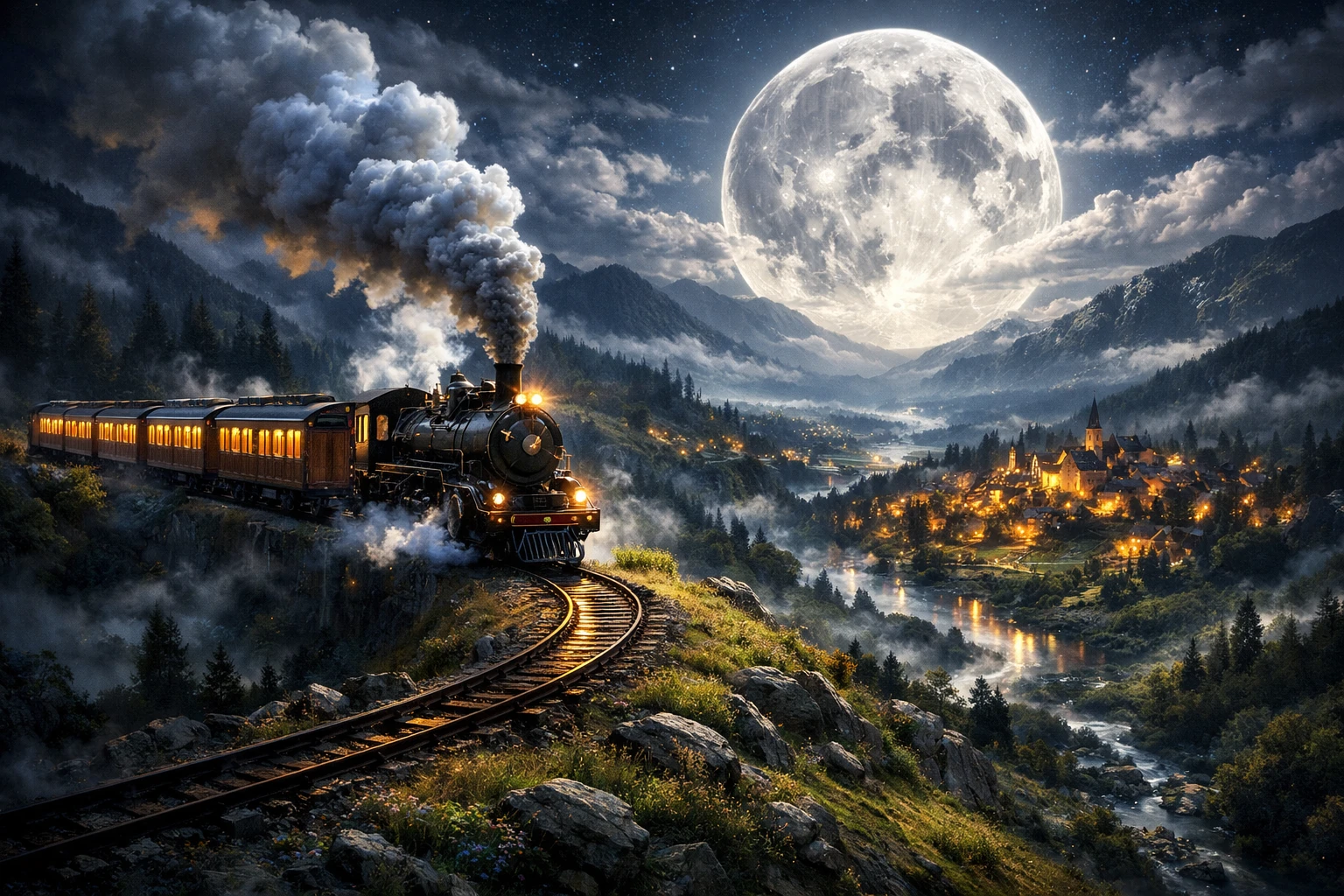 Trem a vapor cruza um vale iluminado pela lua com luzes distantes da vila
