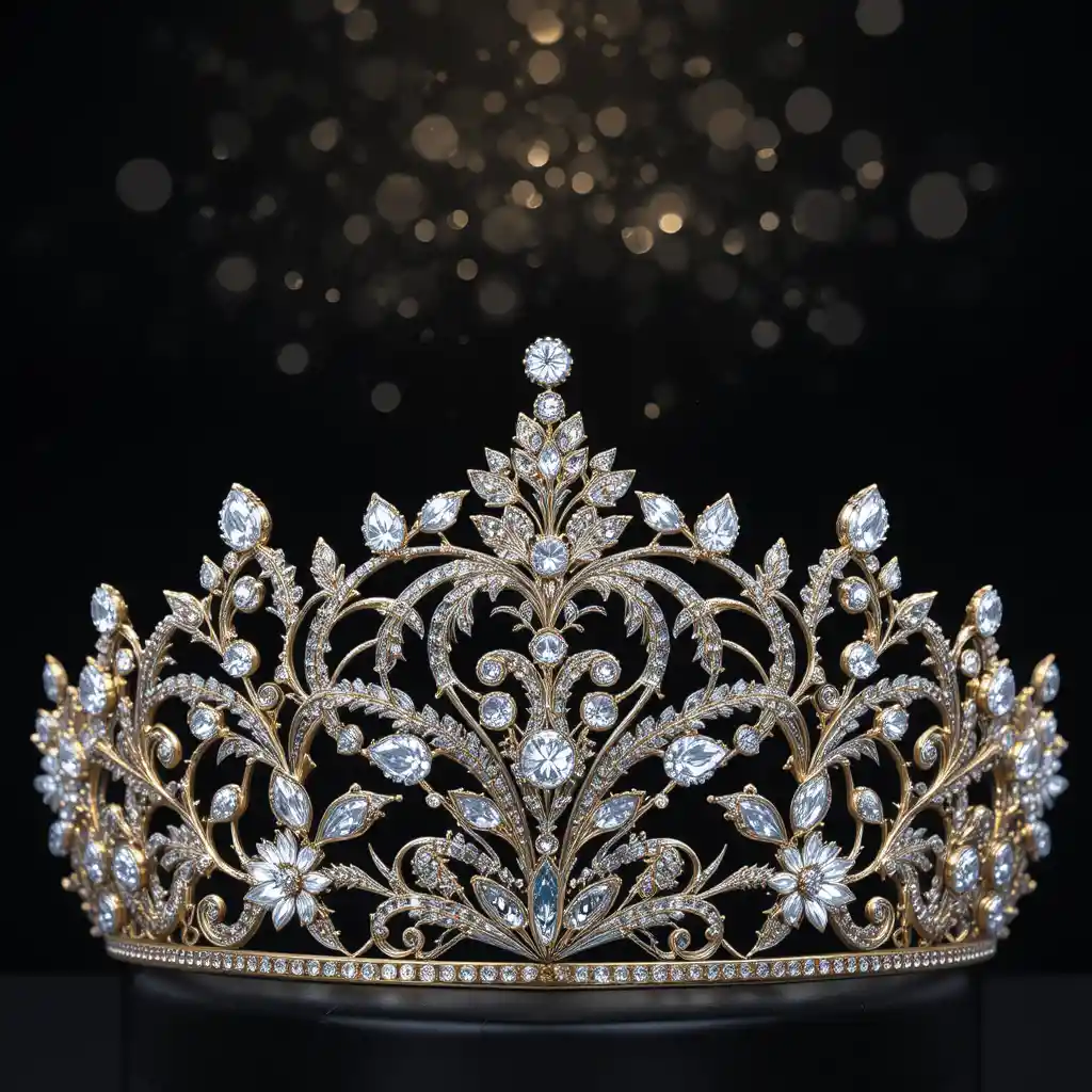 Elegante tiara de diamantes sobre fondo negro con foco de luz