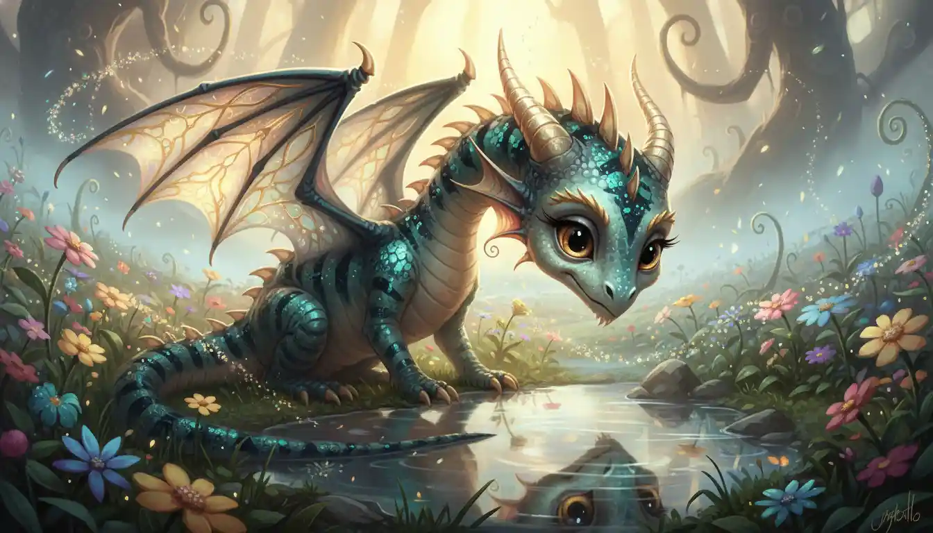 Adorável bebê dragão olhando para uma poça mágica refletiva