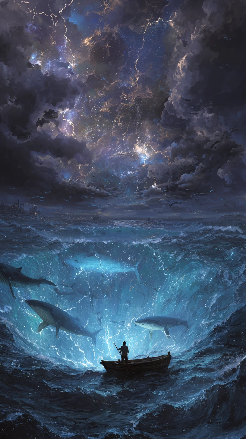 Oceano tempestuoso revela um abismo luminoso sob as ondas