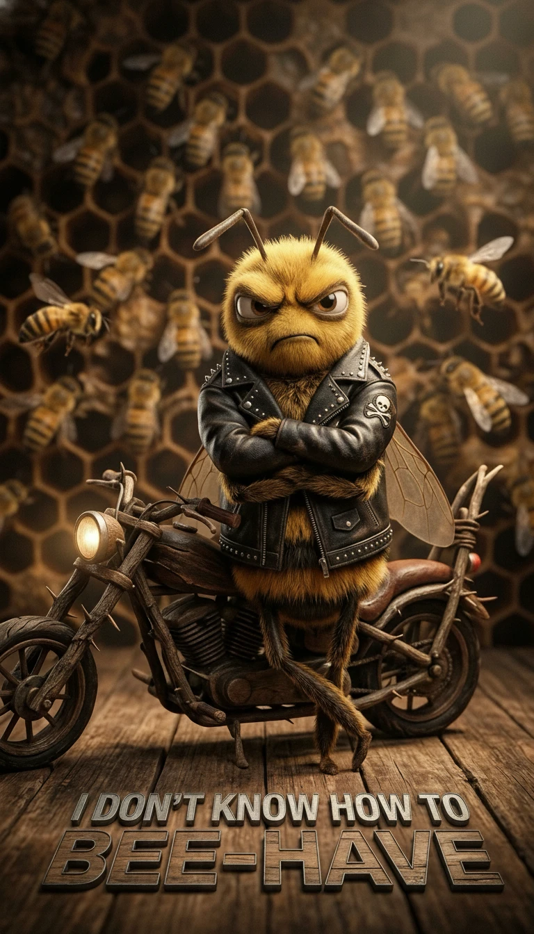 Abeille Rebelle en Veste de Cuir Appuyée sur une Moto en Brindille