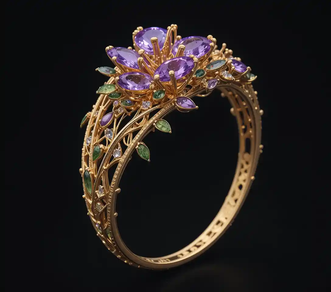 横から見たアメジストとペリドットの花が咲くゴールドブレスレット