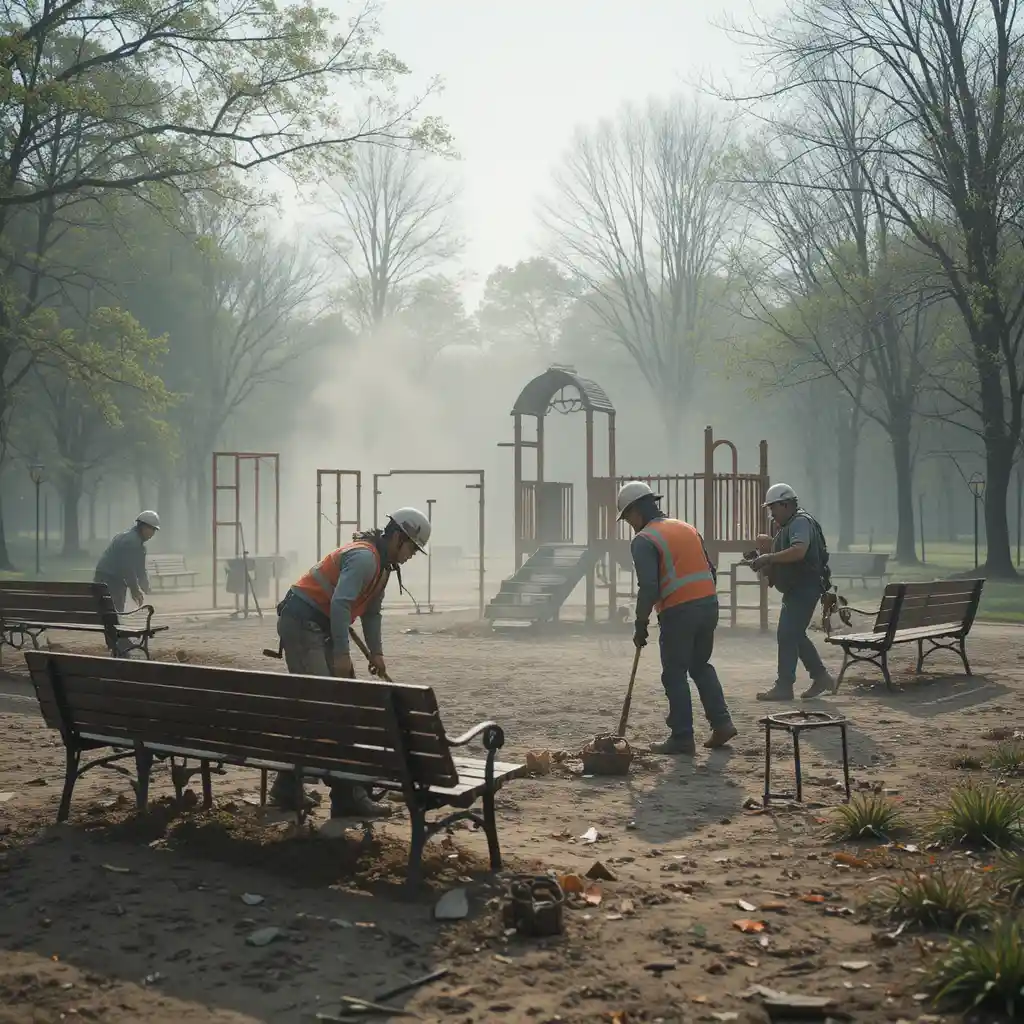 Workers clearing old benches in a city park construction scene