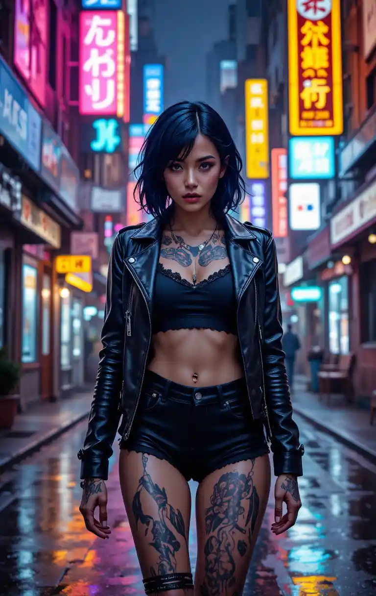 刺青女子夜行霓虹城市街道