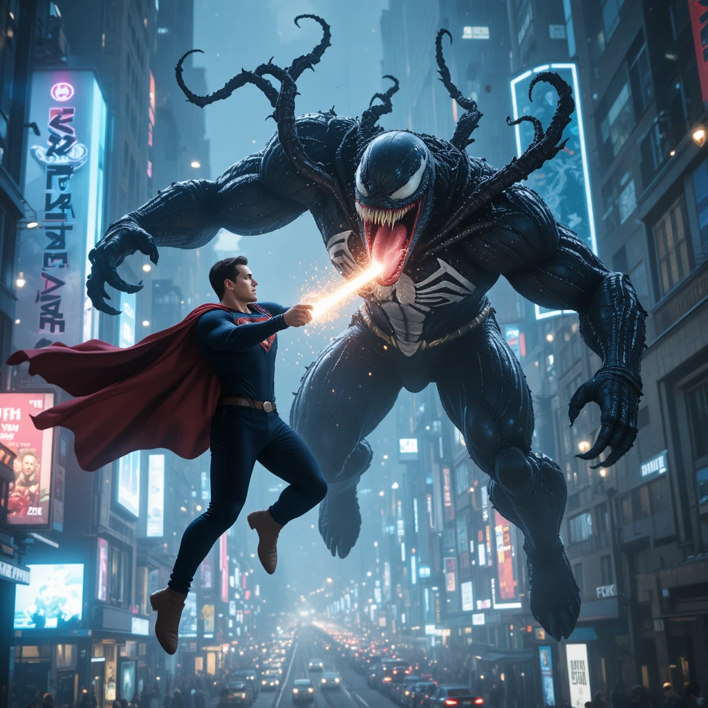 Super-herói Enfrenta Simbionte Alienígena no Skyline Noturno da Metrópole