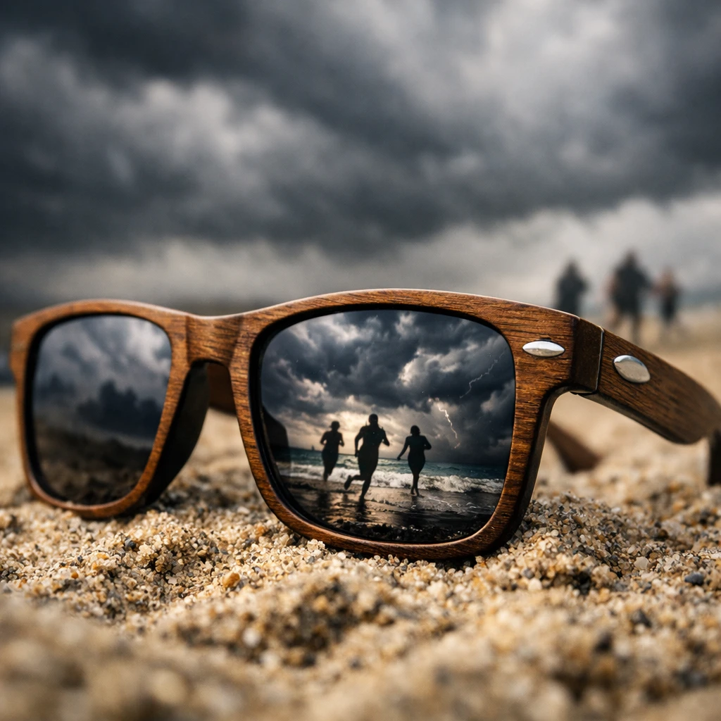 Holz-Sonnenbrille im stürmischen Strandsand mit Spiegelungen