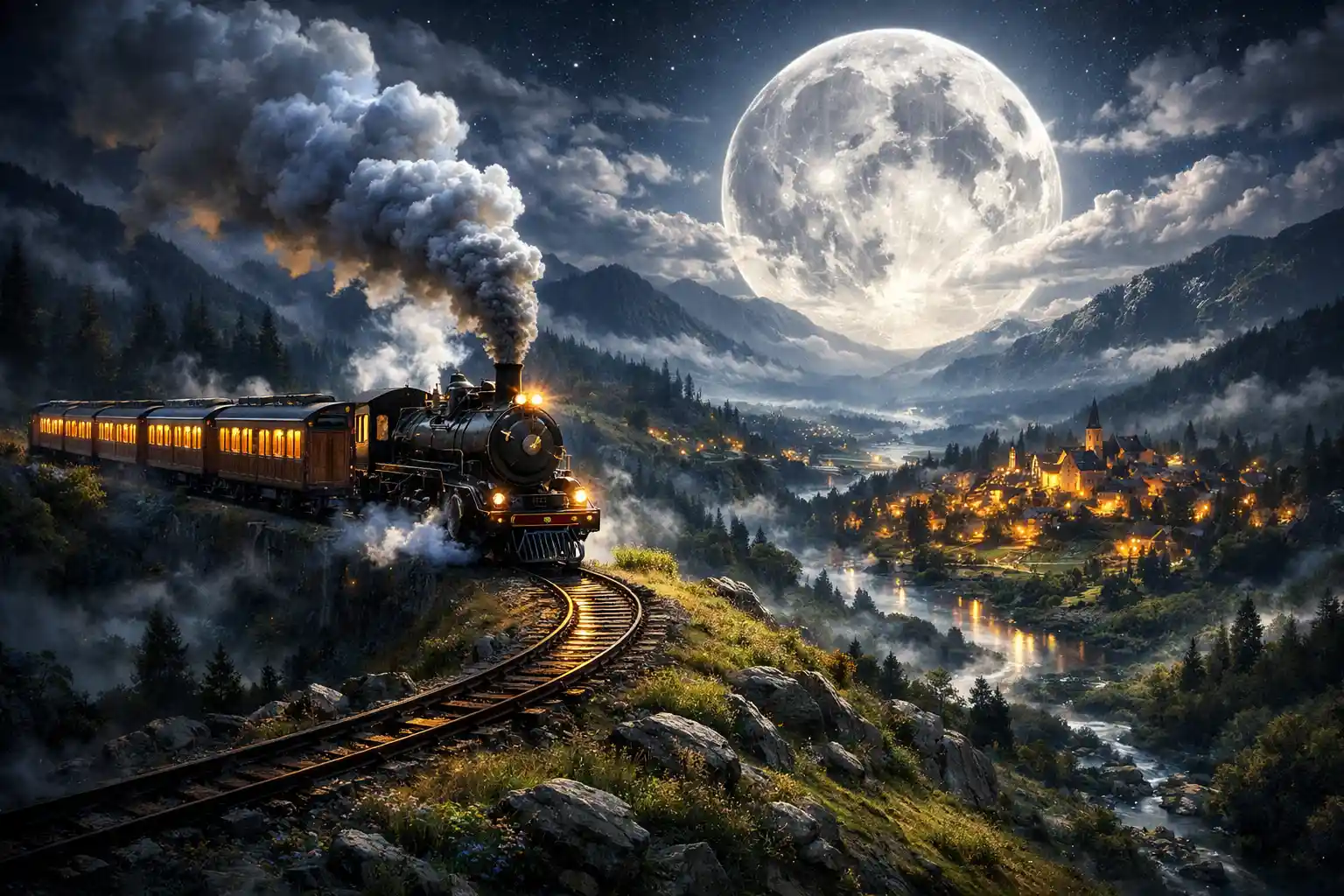 Treno a vapore che attraversa una valle al chiaro di luna con luci lontane del villaggio