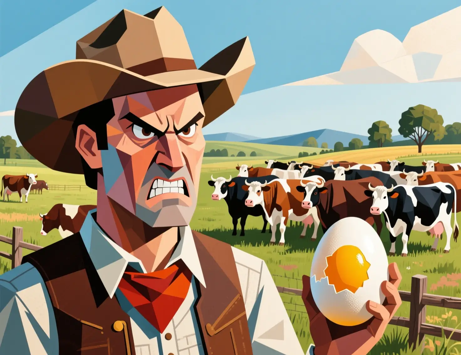 Uovo cowboy arrabbiato in campagna cubista con mucche al pascolo