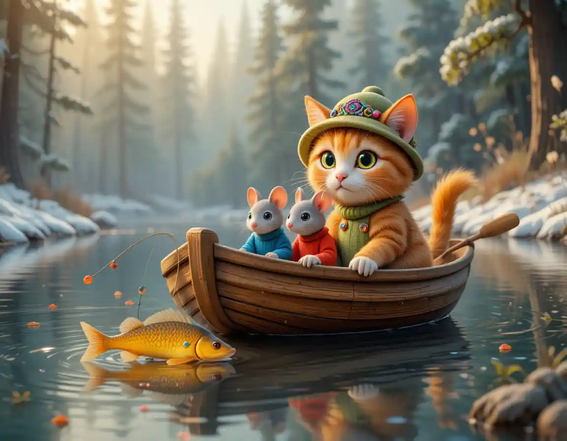 Gato malhado laranja remando um barco em um lago na floresta