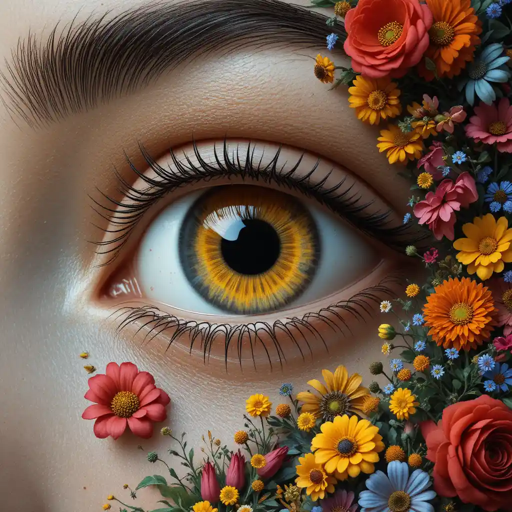 Œil humain surréaliste avec iris horloge et fleurs épanouies