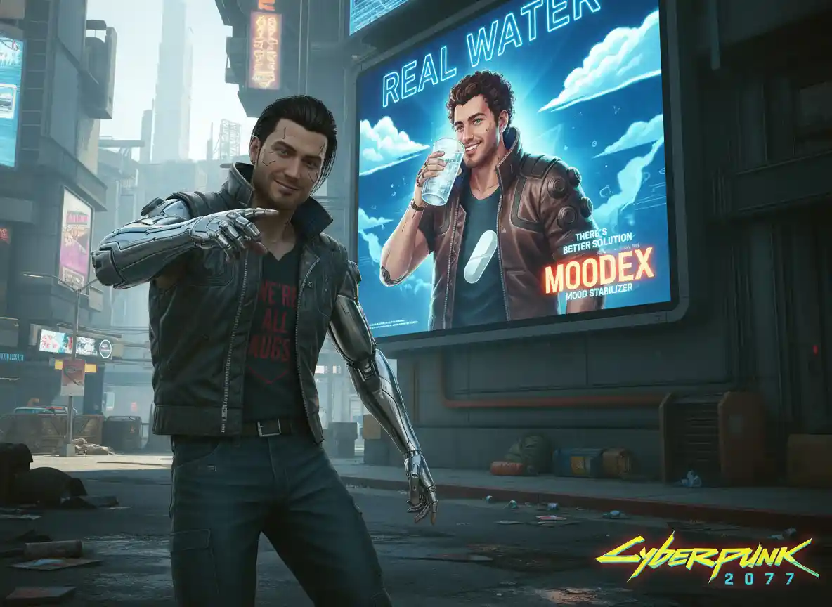 Cyberpunk-Mann posiert auf einer neonbeleuchteten futuristischen Straße