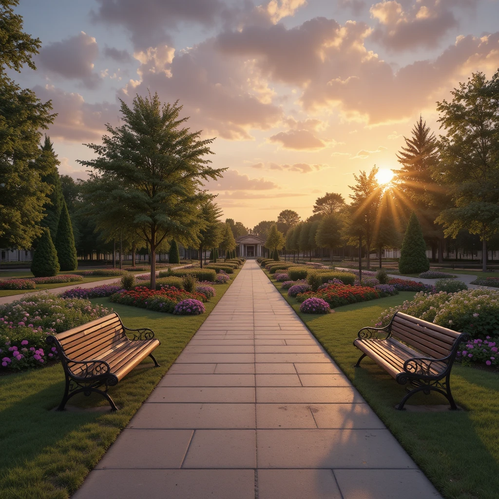Parc urbain paisible avec bancs dans une chaude lumière de coucher de soleil