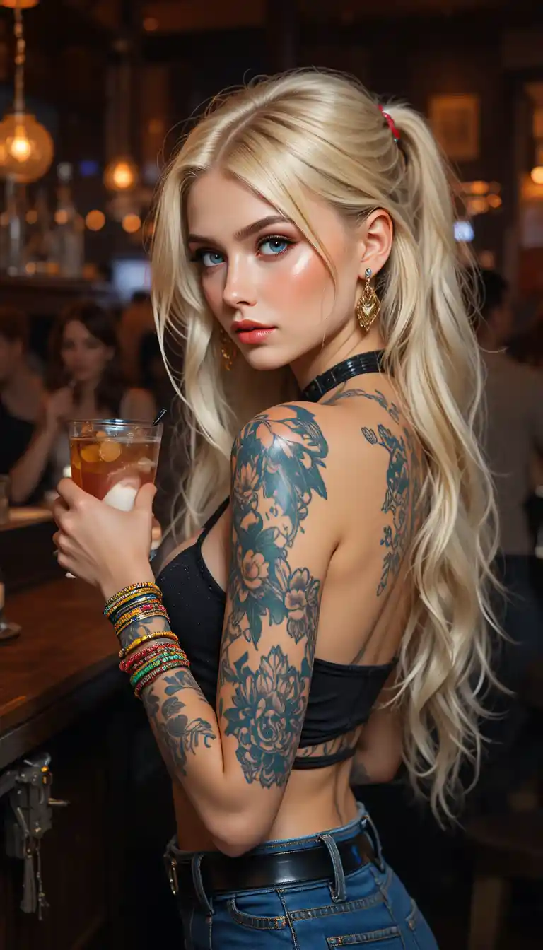 昏暗酒吧中的自信金髮刺青女子