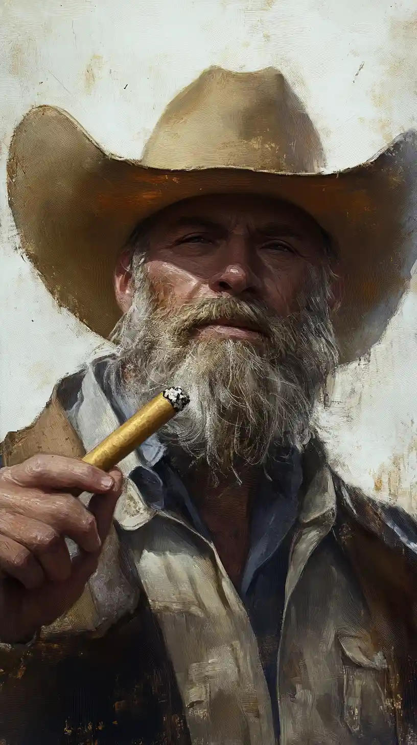 Cowboy barbudo fumando um charuto em retrato dramático em contra‑plongée