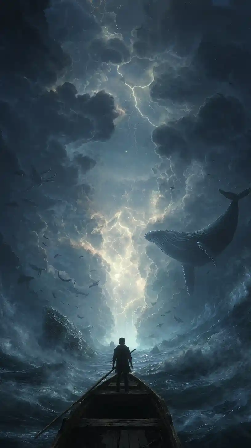 Stormy ocean splitting open to reveal glowing abyss below