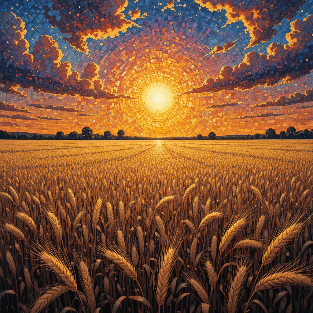 Campo de trigo iluminado pelo sol sob céu em chamas em estilo pontilhista