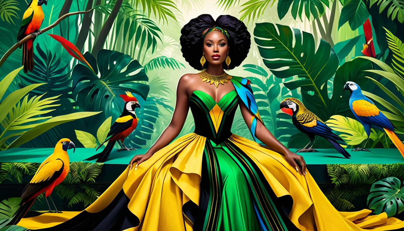 Elegante donna in abito kente tra animali della giungla tropicale