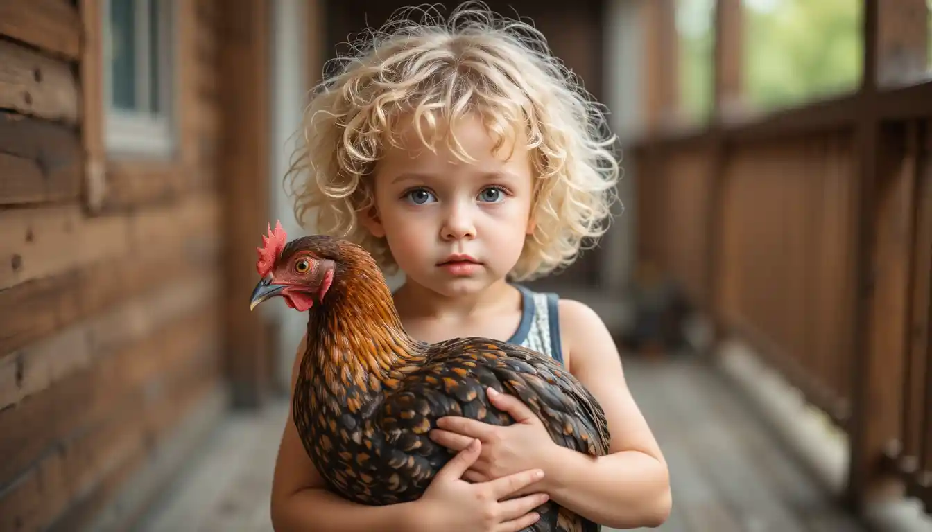 Young child holding a chicken on a wooden porch