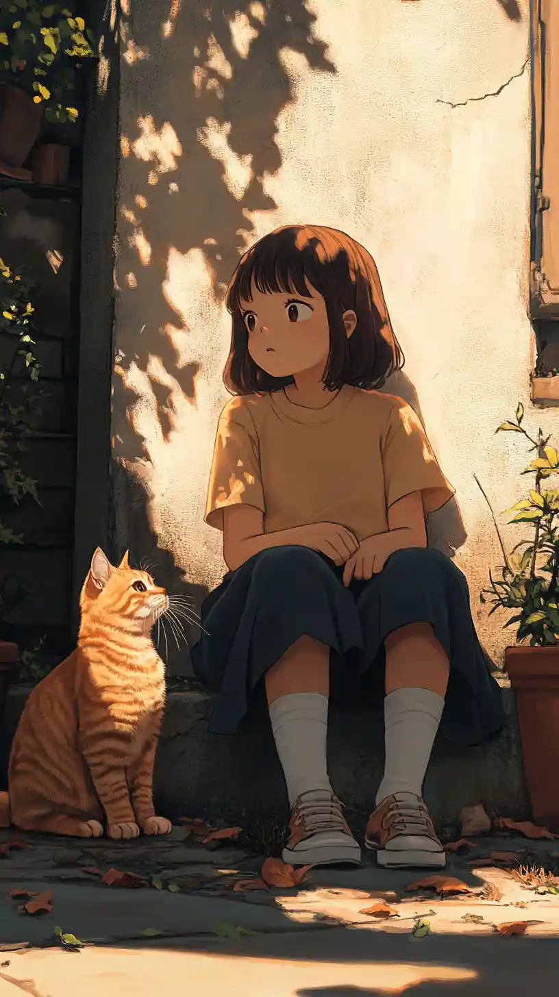 Fille d’anime assise avec un chat dans la lumière chaleureuse de la cour