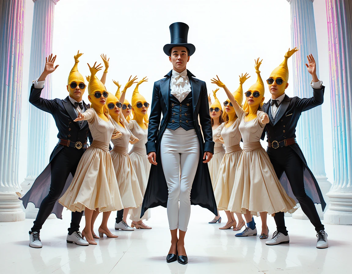 Victorian man leading dancers on a dramatic theater stage