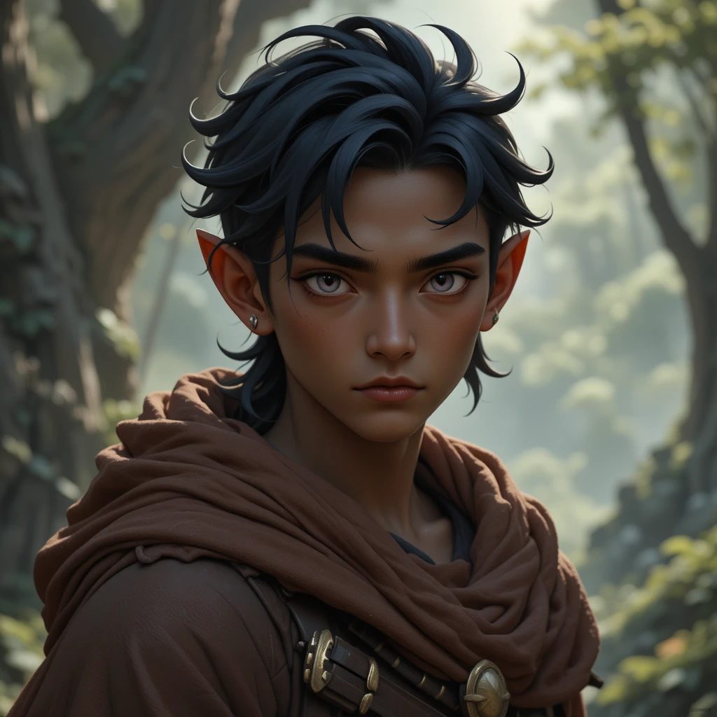 Young fantasy man with golden brown skin and pink eyes