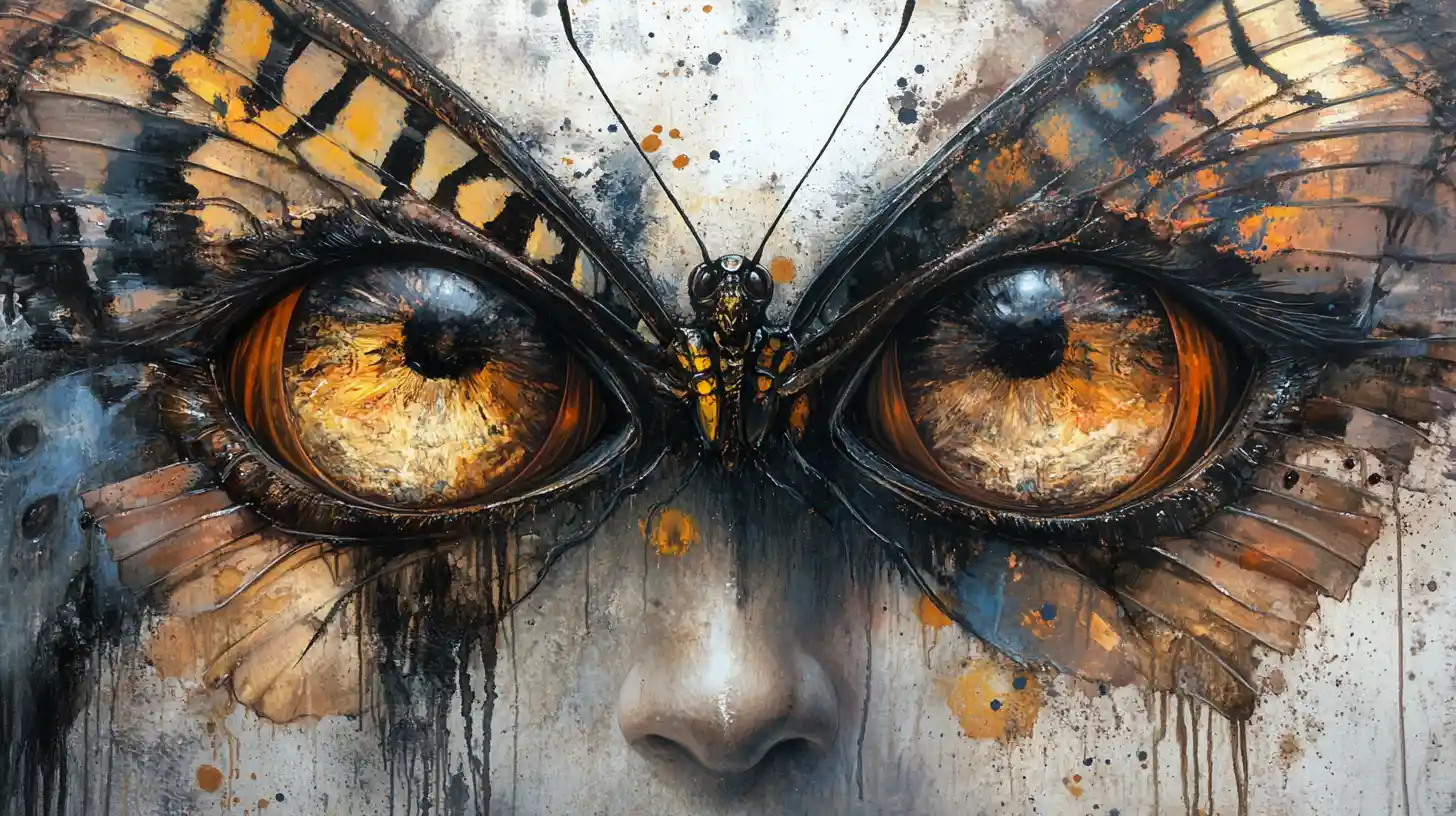 Papillon surréaliste en techniques mixtes aux grands yeux réfléchissants