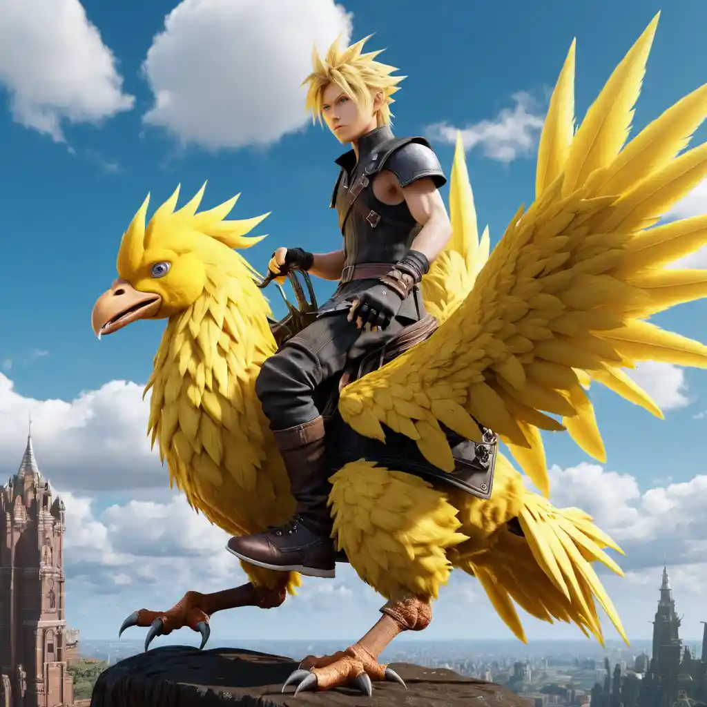 巨大な黄色いファンタジーの鳥に乗るヒーローの3Dアート