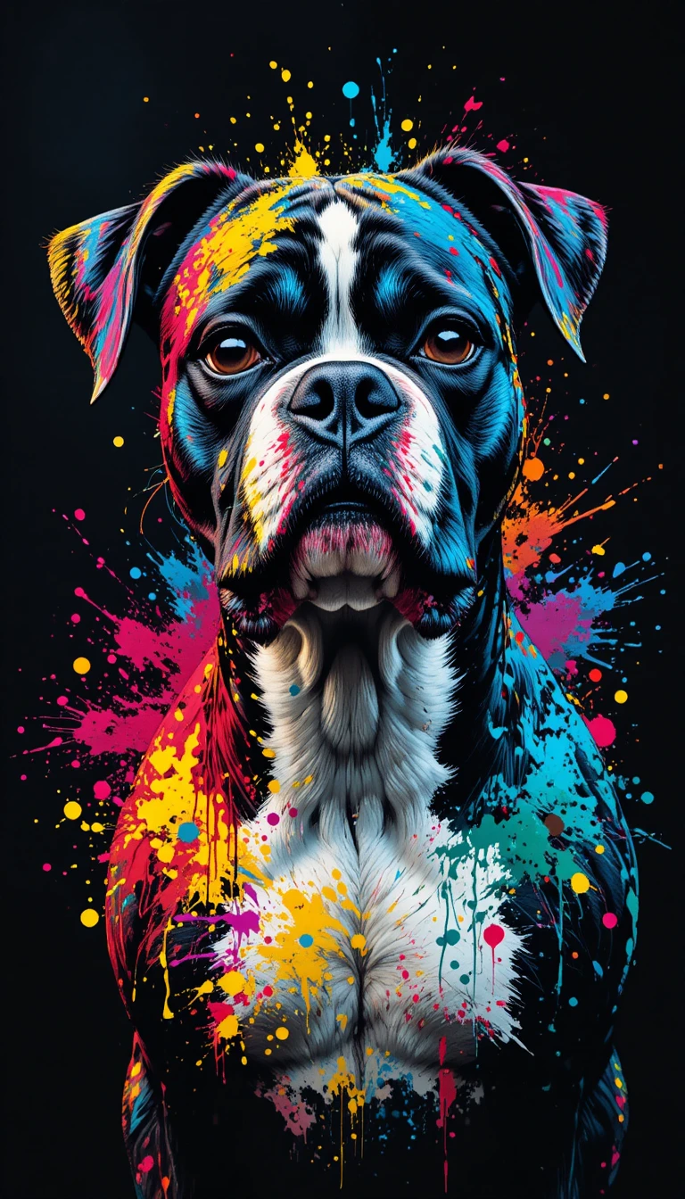 Retrato de cão boxer com respingos de cores em fundo preto