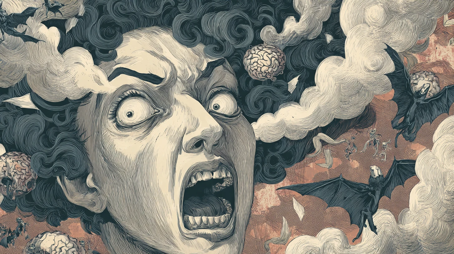 Femme surréaliste hurlant avec la tête tordue et les yeux exorbités