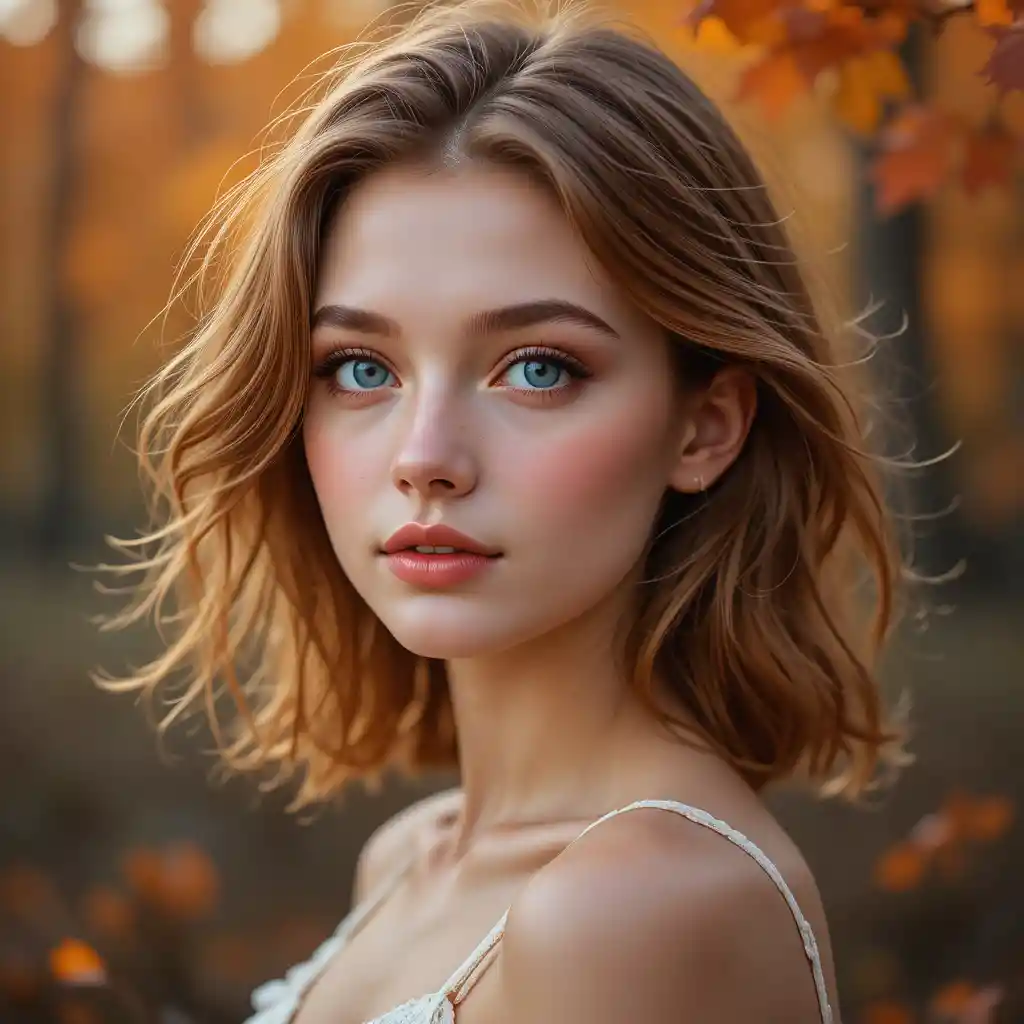 Young woman portrait with blue eyes in autumn light