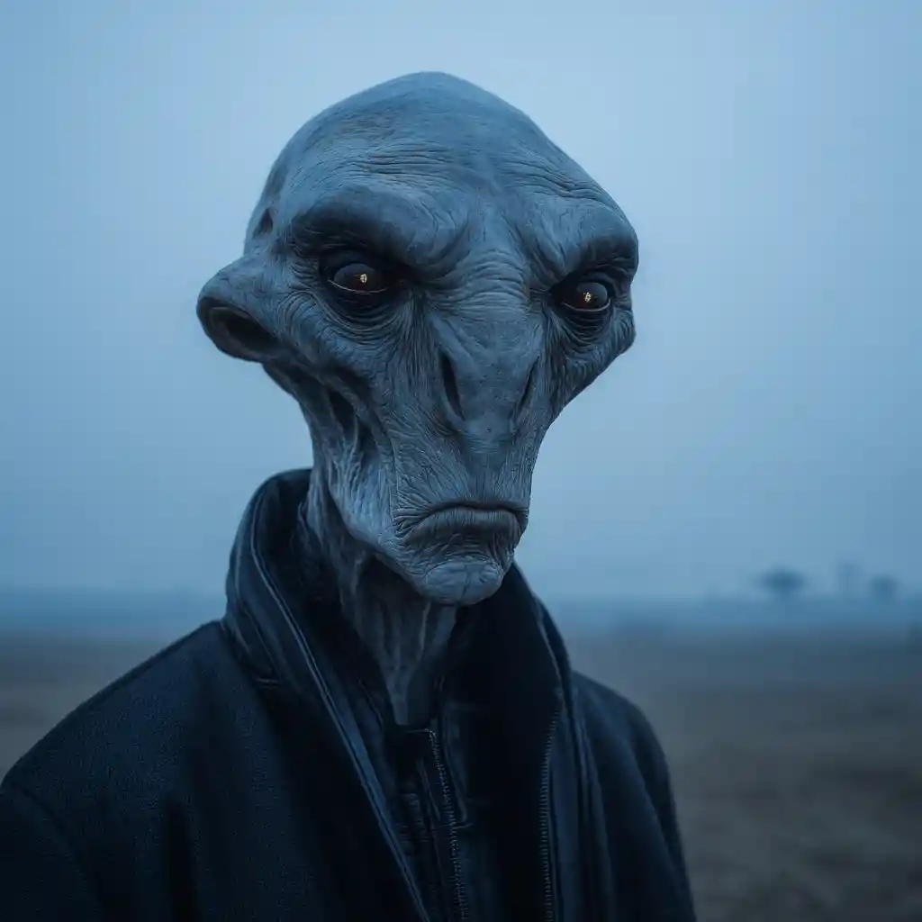 Alien figure standing in a distant epic sci fi landscape