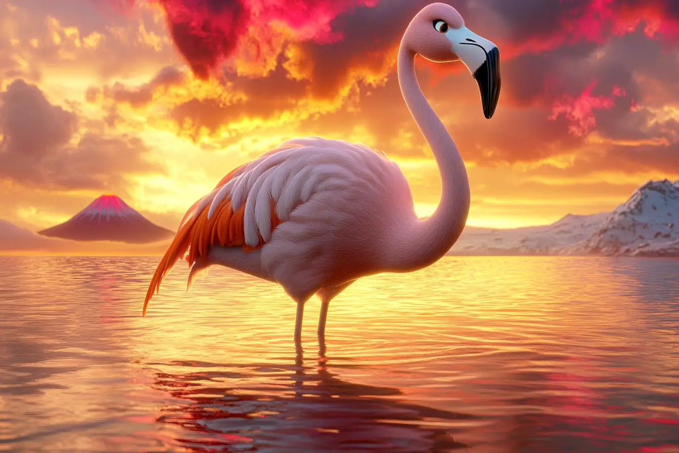 Flamingo im seichten Wasser bei farbenprächtigem Sonnenuntergang