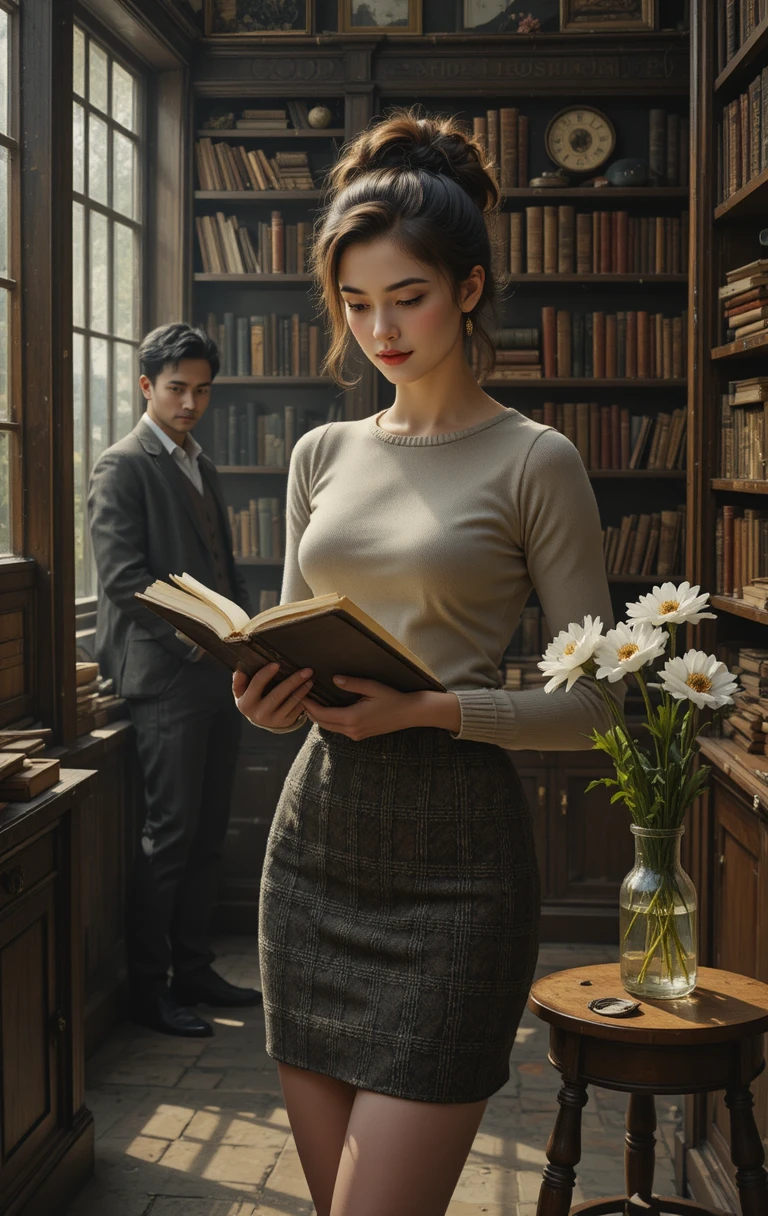 따뜻한 앤티크 서점에서 책을 고르는 우아한 여성