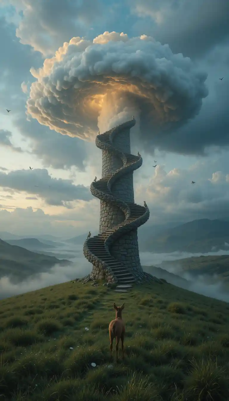 Escadaria de pedra em espiral subindo para nuvens de crepúsculo cintilantes