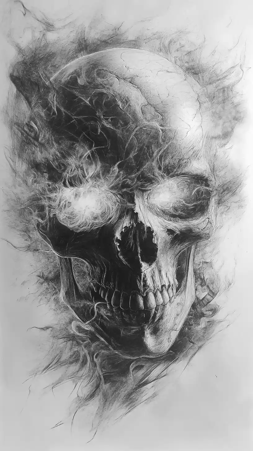 Charcoal skull with glowing eyes in abstract fiery vision