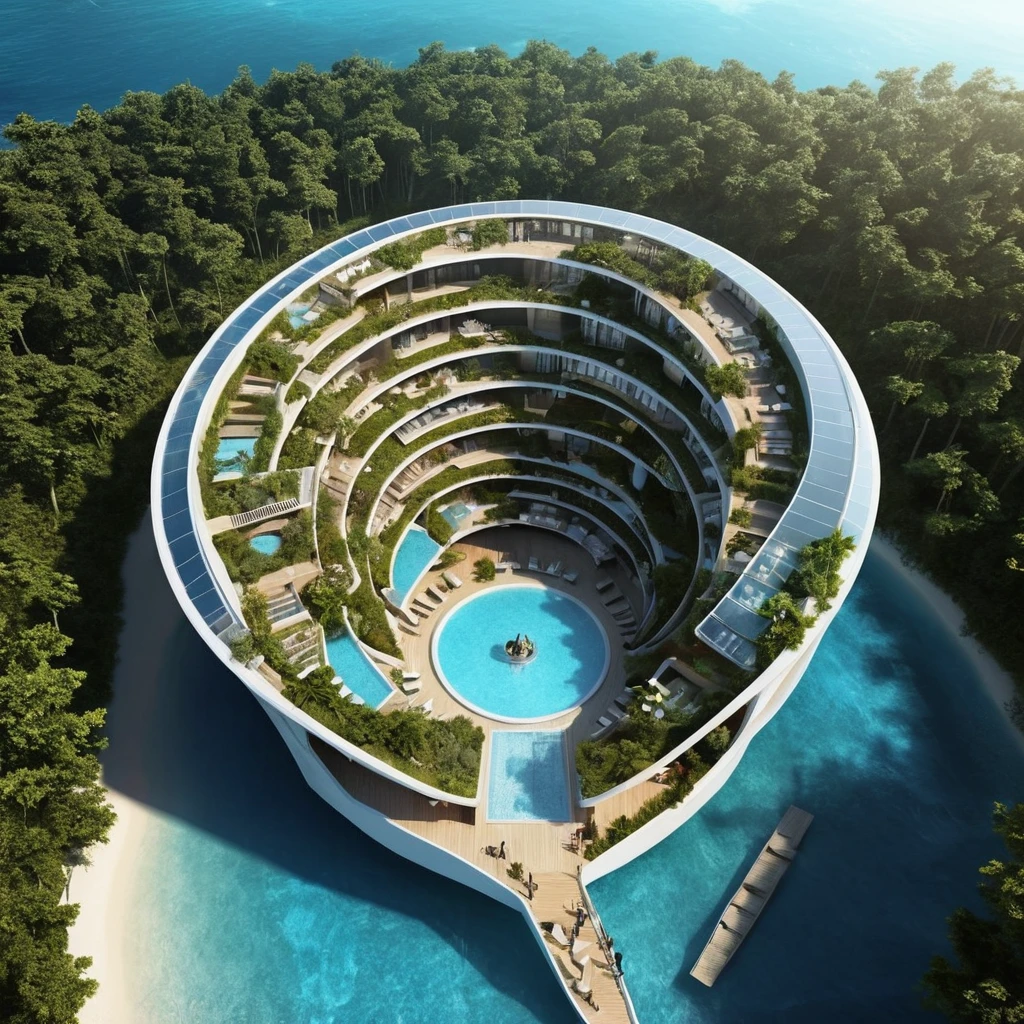 Eco resort futuristico Nautilus con architettura ispirata alla serie di Fibonacci