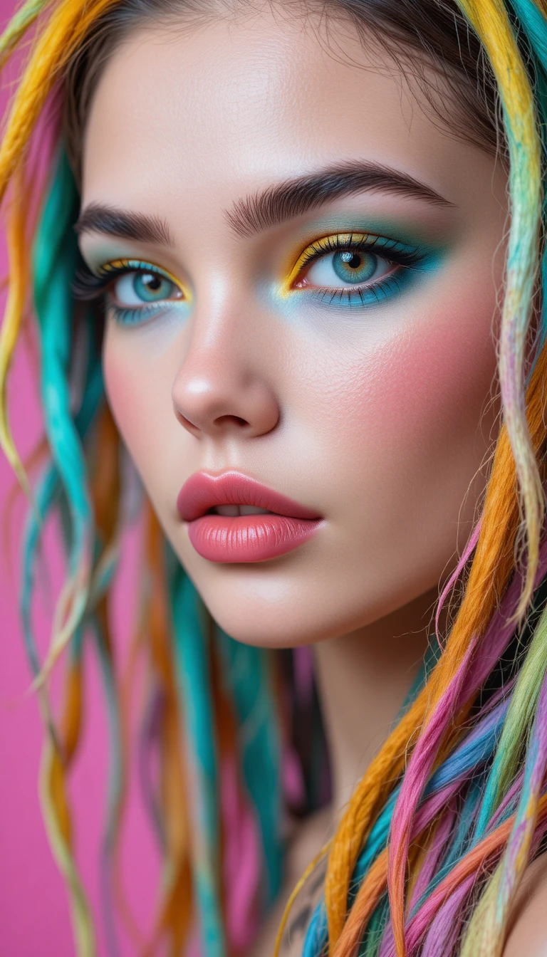 Porträt eines farbenfrohen Dreadlock-Mädchens mit auffälligem Augen-Make-up