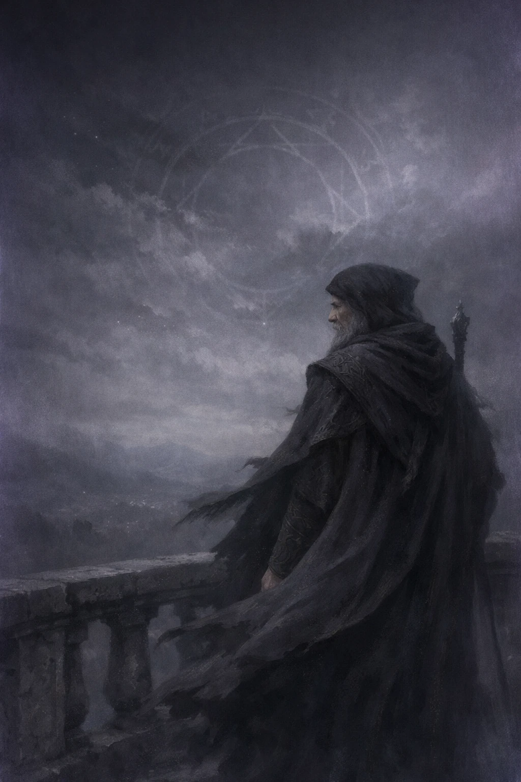 Arquimago medieval na varanda sob um céu noturno fraturado
