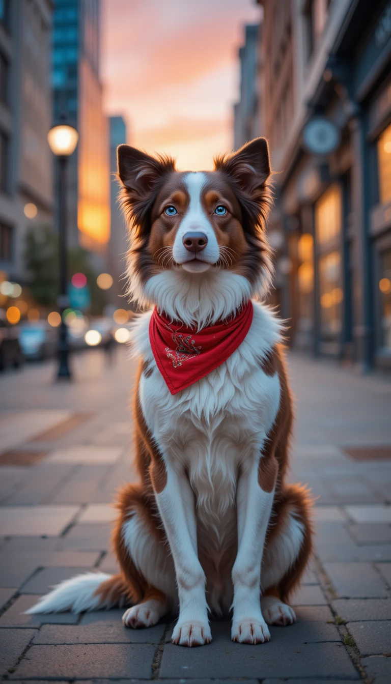 Border collie com bandana vermelha na calçada da cidade ao pôr do sol