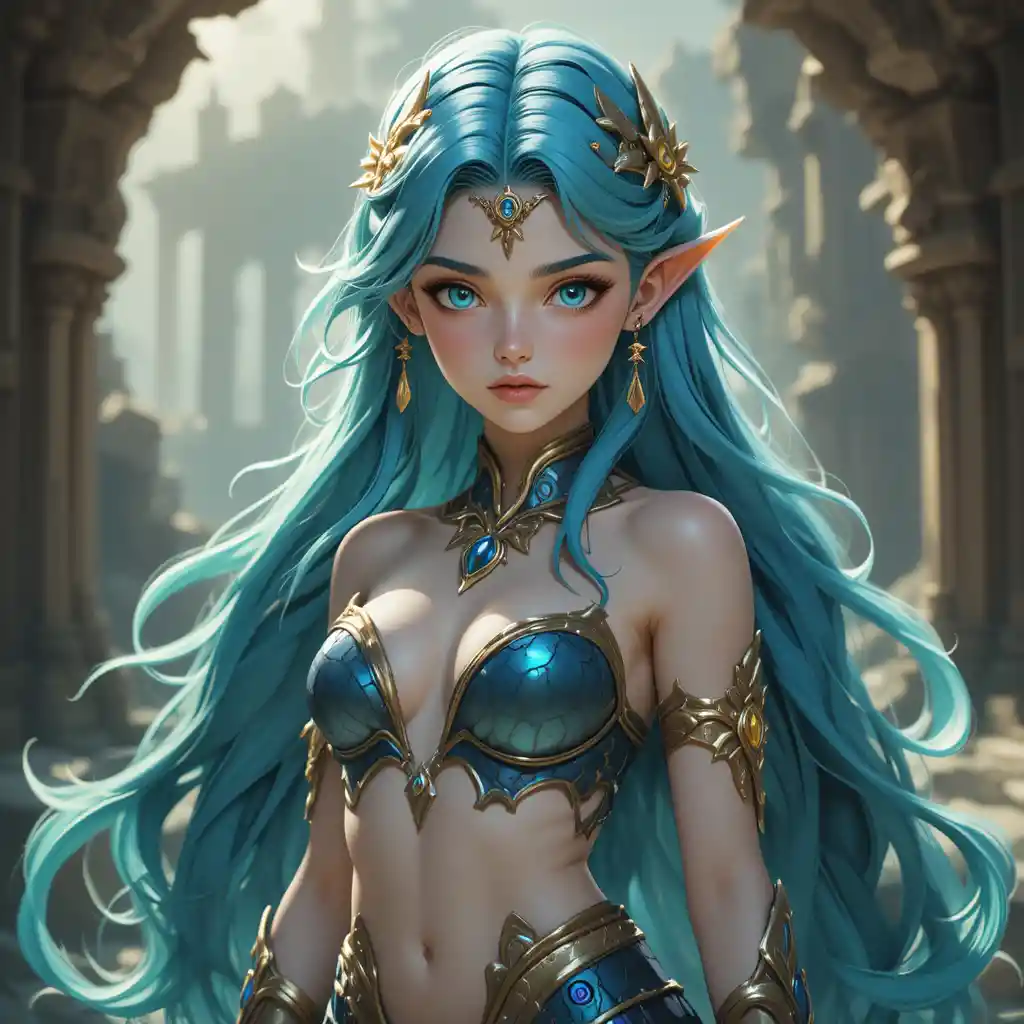 Jeune princesse de l’océan aux cheveux bleu et vert dans l’eau